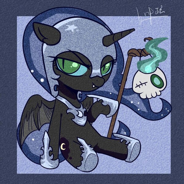 Size: 1500x1500 | Tagged: safe, artist:叶玹, derpibooru import, nightmare moon, alicorn, pony, g4, bone, cute, female, filly, halloween, holiday, image, jpeg, moonabetes, nightmare woon, skeleton, trick or treat