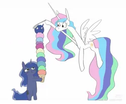 Size: 1303x1080 | Tagged: safe, artist:败犬, derpibooru import, princess celestia, princess luna, alicorn, pony, unicorn, g4, female, food, horn, ice cream, image, jpeg, race swap, royal sisters, sibling love, siblings, simple background, sisters, spoon, standing on two hooves, unicorn luna, white background