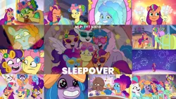 Size: 1978x1113 | Tagged: safe, derpibooru import, edit, edited screencap, editor:quoterific, screencap, izzy moonbow, pipp petals, posey (g5), sunny starscout, zipp storm, earth pony, pegasus, pony, unicorn, g5, my little pony: tell your tale, spoiler:g5, spoiler:my little pony: tell your tale, spoiler:tyts02e18, bags under eyes, bean mouth, chocolate, constellation, female, food, gradient mane, grin, horn, image, makeup, mare, marshmallow, misty brightdawn, png, sleep mask, sleeping, sleepover!!, smiling