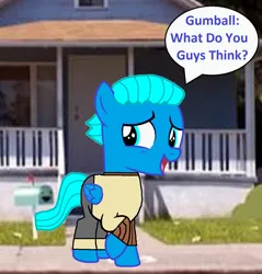 Size: 1176x1232 | Tagged: safe, artist:memeartboi, derpibooru import, ponified, pegasus, pony, g4, beautiful, clothed ponies, clothes, colt, cosplay, costume, cute, foal, gumball watterson, house, image, jpeg, little boy, mailbox, male, neat, pants, pegasus wings, shy, solo, solo male, standing, sweater, talking, talking to viewer, the amazing world of gumball, wings