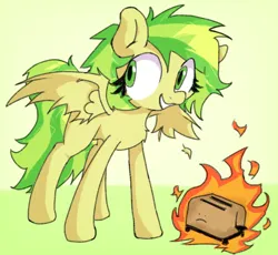 Size: 3086x2842 | Tagged: safe, artist:foxtrnal, derpibooru import, oc, oc:wooden toaster, unofficial characters only, pegasus, pony, eyelashes, fire, green eyes, image, pegasus oc, png, simple background, smiling, solo, toaster, wings