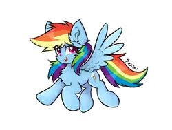 Size: 1850x1400 | Tagged: safe, artist:rejiser, derpibooru import, rainbow dash, pegasus, pony, g4, backwards cutie mark, chest fluff, cute, cutie mark, ear fluff, female, flying, image, looking at you, mare, open mouth, open smile, png, raised hoof, simple background, smiling, solo, spread wings, tail, white background, wing fluff, wings