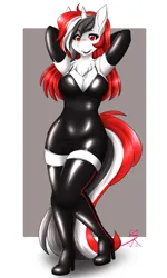 Size: 2123x3546 | Tagged: safe, artist:shadowraiser, derpibooru import, oc, oc:red rocket, anthro, unicorn, black dress, boots, chest fluff, clothes, dress, eyeshadow, female, gloves, high heel boots, high heels, horn, image, latex, latex dress, latex gloves, lipstick, makeup, minidress, png, rubber, shoes, socks, solo, stockings, thigh boots, thigh highs