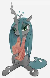 Size: 276x432 | Tagged: safe, artist:anonymous, queen chrysalis, changeling, changeling queen, /mlp/, 4chan, clothes, drawthread, female, image, lidded eyes, png, red sweater, simple background, sitting, slit eyes, solo, sweater, white background