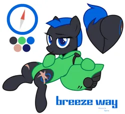 Size: 3758x3443 | Tagged: safe, artist:inspiroyv, derpibooru import, oc, oc:breeze way, unofficial characters only, earth pony, pony, armor, blue eyes, blue mane, blue tail, butt, clothes, compass, gray coat, helmet, image, looking at you, plot, png, reference sheet, scar, simple background, smiling, smiling at you, solo, suit, tail, tired, vector, white background