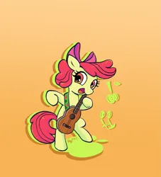 Size: 2459x2711 | Tagged: safe, artist:brella, derpibooru import, apple bloom, earth pony, pony, adorabloom, bipedal, cute, female, filly, foal, gradient background, image, music notes, musical instrument, open mouth, orange background, png, simple background, smiling, solo, ukulele