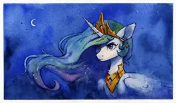 Size: 2810x1656 | Tagged: safe, artist:koviry, derpibooru import, princess celestia, alicorn, pony, g4, border, crescent moon, crown, ear fluff, ethereal mane, eyelashes, female, flowing mane, folded wings, frown, halfbody, horn, image, jewelry, jpeg, long horn, long mane, mare, moon, multicolored mane, narrowed eyes, night, outdoors, purple eyes, regalia, sky background, slender, solo, sparkly mane, thin, tiara, traditional art, unicorn horn, watercolor painting, white coat, wings