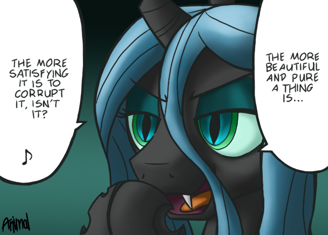 Size: 648x464 | Tagged: safe, artist:anearbyanimal, derpibooru import, queen chrysalis, changeling, changeling queen, /mlp/, 4chan, dialogue, drawthread, fangs, female, frown, gradient background, image, open mouth, png, right to left, shading, slit eyes, solo, speech bubble