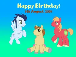 Size: 4096x3072 | Tagged: safe, derpibooru import, big macintosh, donut joe, soarin', earth pony, pegasus, pony, derpibooru exclusive, gradient background, image, male, png, stallion, text, trio, trio male