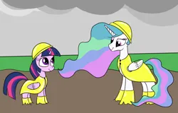 Size: 2000x1280 | Tagged: safe, artist:amateur-draw, derpibooru import, princess celestia, twilight sparkle, twilight sparkle (alicorn), alicorn, pony, boots, clothes, duo, duo female, female, image, looking at each other, looking at someone, mare, mud, png, pvc, rain boots, raincoat, rubber, rubber boots, shoes