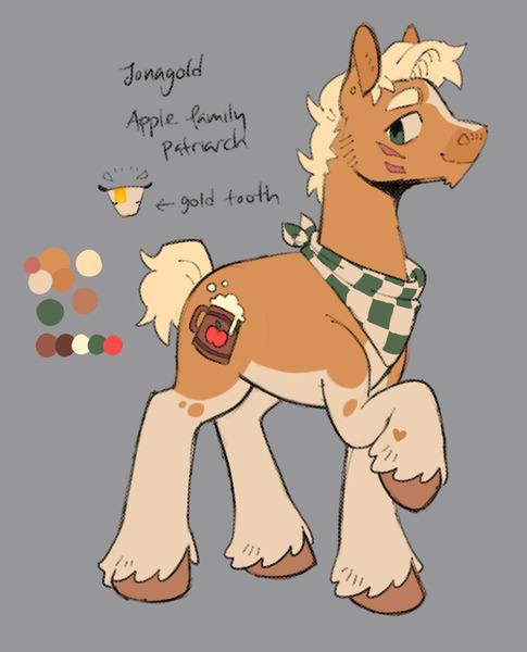 Size: 932x1152 | Tagged: safe, artist:beyhr, derpibooru import, part of a set, oc, oc:jonagold, unofficial characters only, earth pony, pony, alternate universe, apple family member, blaze (coat marking), blonde mane, blonde tail, brown coat, brown hooves, chin fluff, coat markings, color palette, colored belly, colored eyebrows, colored legs, countershading, earth pony oc, facial markings, facial scar, gray background, green eyes, heart, heart mark, image, jpeg, leg markings, long description, looking back, lore in description, male, male oc, pale belly, profile, raised hoof, reference sheet, scar, short mane, short tail, sideburns, simple background, smiling, snip (coat marking), stallion oc, standing, standing on three hooves, tail, tan coat, text, unshorn fetlocks