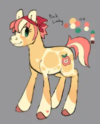 Size: 706x876 | Tagged: safe, artist:beyhr, derpibooru import, part of a set, oc, oc:pink lady, unofficial characters only, earth pony, pony, alternate universe, appaloosa, apple family member, bandana, blaze (coat marking), blue eyes, brown hooves, coat markings, color palette, colored ears, colored hooves, colored muzzle, cream coat, earth pony oc, eyelashes, facial markings, female, female oc, gray background, heart, heart mark, hooves, image, jpeg, leg markings, long description, looking back, lore in description, mare oc, mealy mouth (coat marking), pale muzzle, profile, reference sheet, short mane, short tail, simple background, smiling, socks (coat marking), standing, tail, text, two toned mane, two toned tail