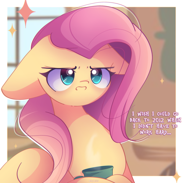 Size: 2400x2400 | Tagged: safe, artist:miryelis, derpibooru import, fluttershy, pegasus, pony, g4, cup, female, floppy ears, frown, image, long hair, mare, png, sad eyes, solo, sparkles, text, tired