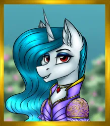 Size: 2819x3231 | Tagged: safe, artist:darklight1315, derpibooru import, oc, oc:snow ice, unofficial characters only, crystal pony, pony, unicorn, fallout equestria, blue coat, blue eyeshadow, blue mane, blurry background, bust, cheek fluff, clothes, dress, ear fluff, eyelashes, eyeshadow, fallout equestria: mayday, gold jewelry, gown, horn, image, jewelry, lidded eyes, long mane, looking at you, makeup, necklace, pendant, picture, png, portrait, pre-war, red eyes, ruby, shiny mane, smiling, smiling at you, solo, unicorn horn, wavy mane