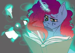 Size: 4961x3508 | Tagged: safe, artist:mekblue, derpibooru import, unicorn, g5, book, freckles, horn, image, magic, misty brightdawn, png, reading, solo, telekinesis, unshorn fetlocks