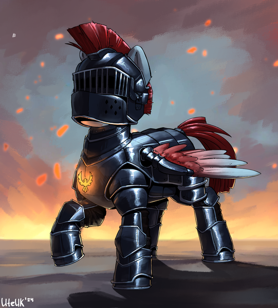 Size: 1802x2000 | Tagged: safe, artist:uteuk, derpibooru import, oc, unofficial characters only, pegasus, phoenix, pony, armor, ash, emblem, helmet, image, male, png