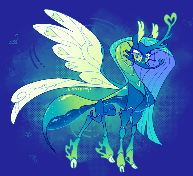 Size: 2048x1868 | Tagged: safe, artist:bishopony, derpibooru import, queen chrysalis, changedling, changeling, g4, a better ending for chrysalis, abdomen, abstract background, alternate design, blue body, blue eyelashes, blue mane, blue sclera, blush scribble, blushing, bug anatomy, carapace, changedling queen, cheek fluff, cloven hooves, colored eyelashes, colored hooves, colored horntip, colored pinnae, colored pupils, colored sclera, colored wings, ear fluff, eyelashes, female, gradient horn, gradient legs, green blush, green eyes, green pupils, halftone, heart horn, hooves, horn, image, insect wings, long eyelashes, long horn, long mane, looking back, no mouth, png, probiscus, purified chrysalis, redesign, requested art, screentone, segmented body, segmented legs, shiny body, shiny eyes, shiny mane, slender, solo, spread wings, standing, stinger, straight mane, tall ears, thin, thin legs, white hooves, wing markings, wings