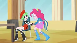 Size: 1280x720 | Tagged: safe, derpibooru import, screencap, drama letter, pinkie pie, watermelody, equestria girls, g4, beret, boots, cafeteria, chair, clothes, duo, duo female, female, hat, helping twilight win the crown, holding hands, image, my little pony equestria girls, png, shoes, wondercolt ears, wondercolt tail, wondercolts uniform