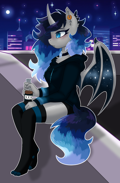 Size: 1923x2937 | Tagged: safe, artist:aura rhinestone, derpibooru import, oc, oc:aura rhinestone, anthro, bat pony, pony, alcohol, city, clothes, drink, female, hoodie, horn, image, mare, night, png, socks, solo, stockings, thigh highs