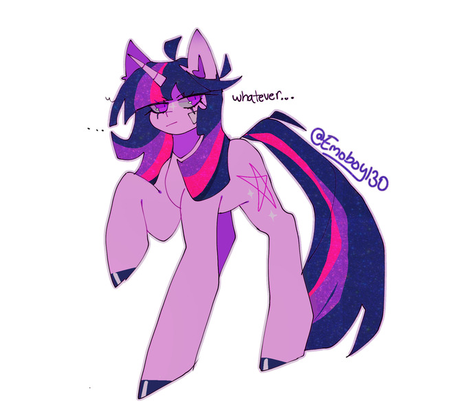 Size: 2021x1763 | Tagged: safe, artist:emoboy130, derpibooru import, twilight sparkle, pony, unicorn, ahoge, alternate cutie mark, coat markings, facial markings, female, hoof polish, horn, image, jpeg, mare, raised hoof, simple background, sparkly mane, sparkly tail, star (coat marking), tail, twilight sparkle is not amused, unamused, unicorn twilight, whatever, white background