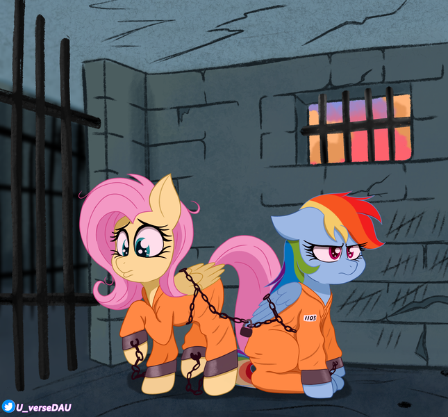 Size: 3300x3070 | Tagged: safe, artist:juniverse, derpibooru import, fluttershy, rainbow dash, pegasus, pony, clothes, colored, commission, duo, duo female, female, frustrated, image, jail, jail cell, png, pouty lips, prison outfit, prisoner, prisoner fs, prisoner rd, sad, tax evasion