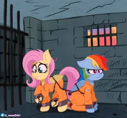 Size: 3300x3070 | Tagged: safe, artist:juniverse, derpibooru import, fluttershy, rainbow dash, pegasus, pony, clothes, colored, commission, duo, duo female, female, frustrated, image, jail, jail cell, png, pouty lips, prison outfit, prisoner, prisoner fs, prisoner rd, sad, tax evasion