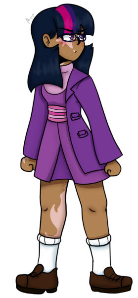 Size: 500x1077 | Tagged: safe, alternate version, artist:basil, artist:dj axel, derpibooru import, twilight sparkle, human, g4, clothes, commissioner:prixy05, female, glasses, humanized, image, moderate dark skin, png, scarred, serious, shoes, simple background, solo, transparent background