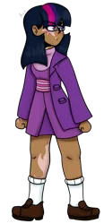 Size: 500x1077 | Tagged: safe, alternate version, artist:basil, artist:dj axel, derpibooru import, twilight sparkle, human, g4, clothes, commissioner:prixy05, female, glasses, humanized, image, moderate dark skin, png, scarred, serious, shoes, simple background, solo, transparent background