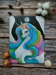 Size: 3000x4000 | Tagged: safe, artist:fridagloria, derpibooru import, princess celestia, alicorn, pony, g4, acrylic painting, big mane, bust, crying, female, high res, image, jpeg, looking at you, mare, mare in the moon, moon, sad, sadlestia, solo, spread wings, traditional art, wings