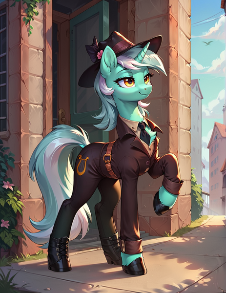 Size: 1000x1296 | Tagged: safe, ai content, derpibooru import, machine learning generated, prompter:lagerai, lyra heartstrings, unicorn, clothes, detective, fedora, female, hat, horn, image, necktie, png, solo, suit