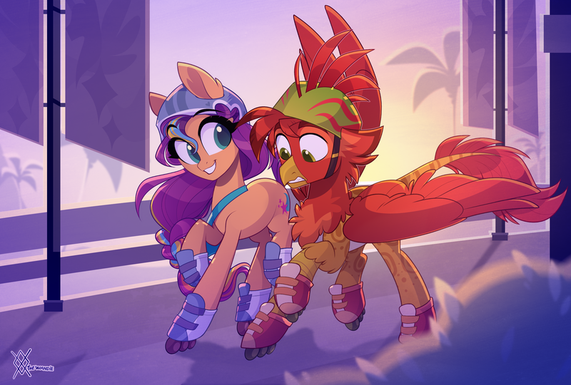 Size: 2680x1810 | Tagged: safe, artist:thewandie, derpibooru import, sunny starscout, oc, oc:hotrod(griffon), earth pony, gryphon, g5, duo, duo male and female, female, image, male, maretime bay, png, roller skates, rollerblades, skates, skating