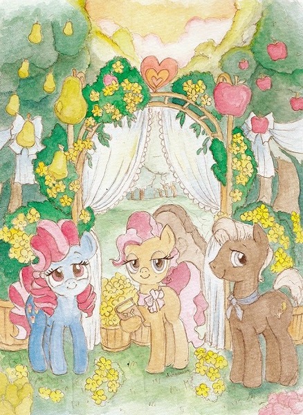 Size: 467x640 | Tagged: safe, artist:daisymane, derpibooru import, burnt oak, cup cake, mayor mare, earth pony, pony, g4, the perfect pear, apple, apple tree, female, food, image, jpeg, looking at you, male, mare, pear tree, stallion, traditional art, tree, trio, watercolor painting