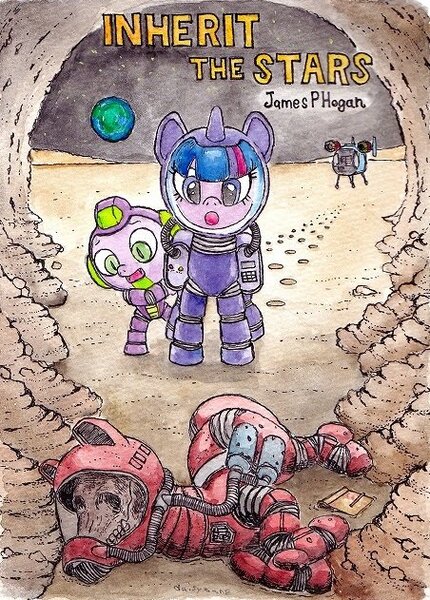 Size: 452x631 | Tagged: safe, artist:daisymane, derpibooru import, spike, twilight sparkle, dragon, pony, unicorn, g4, bone, duo, duo male and female, female, horn, image, jpeg, male, mare, skeleton, spaceship, spacesuit, text, traditional art, watercolor painting