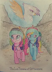 Size: 1501x2048 | Tagged: safe, artist:daisymane, derpibooru import, gilda, pinkie pie, rainbow dash, earth pony, gryphon, pegasus, pony, g4, the lost treasure of griffonstone, hat, image, jpeg, traditional art, trio, watercolor painting