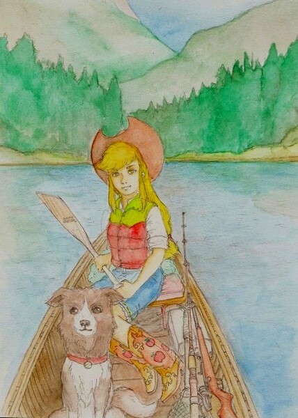 Size: 504x707 | Tagged: safe, artist:daisymane, derpibooru import, applejack, winona, dog, human, g4, boat, duo, fishing rod, gun, image, jpeg, lake, lifejacket, looking at you, oar, rifle, traditional art, water, watercolor painting, weapon