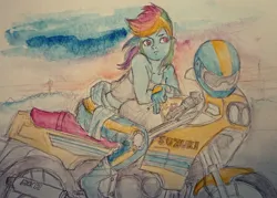 Size: 2048x1463 | Tagged: safe, artist:daisymane, derpibooru import, rainbow dash, human, equestria girls, g4, cigarette, female, frown, helmet, image, jpeg, motorcycle, smoking, solo, traditional art, watercolor painting