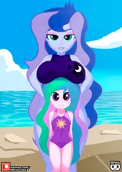 Size: 707x1000 | Tagged: suggestive, artist:minusclass, derpibooru import, princess celestia, princess luna, equestria girls, g4, 2d, age difference, beach, belly, belly button, boobhat, breasts, busty princess luna, cewestia, clothes, cloud, cutie mark, cutie mark on clothes, eyeshadow, female, food, hand on hip, height difference, image, jpeg, looking at you, makeup, midriff, ocean, one-piece swimsuit, outdoors, patreon, patreon logo, principal celestia, sandwich, siblings, sisters, sky, smiling, smiling at you, swimsuit, vice principal luna, water, wide hips, younger