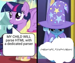 Size: 1287x1079 | Tagged: safe, derpibooru import, trixie, twilight sparkle, twilight sparkle (alicorn), alicorn, pony, unicorn, female, horn, html, image, mare, meme, png, regex, speech bubble