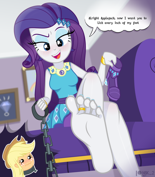 Size: 4000x4555 | Tagged: suggestive, artist:nok_2, derpibooru import, ponerpics import, applejack, rarity, equestria girls, g4, applesub, blushing, bondage, breasts, chains, clothes, collar, dialogue, domination, dominatrix, dress, feet, female, femsub, fetish, foot fetish, foot focus, high heels, image, leash, lesbian, nail polish, open mouth, png, raridom, rarijack, rarity peplum dress, shipping, shoes, show accurate, soles, submissive, toe ring, toenail polish, toes