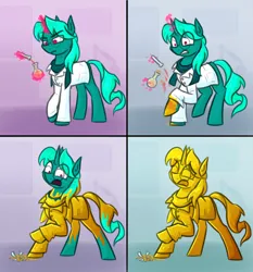 Size: 2384x2560 | Tagged: safe, artist:moonatik, derpibooru import, oc, unofficial characters only, pony, unicorn, abstract background, clothes, colored sketch, commission, flask, glasses, gold, horn, image, inanimate tf, lab coat, magic, male, objectification, png, potion, scarf, sketch, spill, stallion, test tube, transformation, unicorn oc