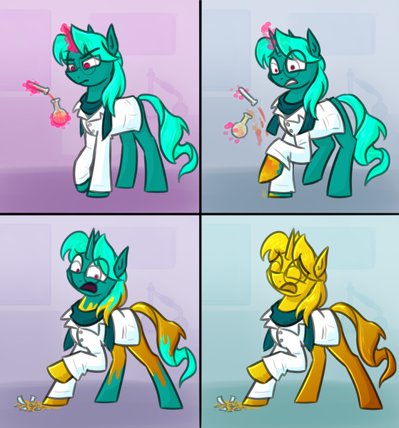 Size: 2384x2560 | Tagged: safe, alternate version, artist:moonatik, derpibooru import, oc, unofficial characters only, pony, unicorn, abstract background, clothes, colored sketch, commission, flask, glasses, gold, horn, image, inanimate tf, lab coat, magic, male, objectification, petrification, png, potion, scarf, sketch, spill, stallion, test tube, transformation, unicorn oc