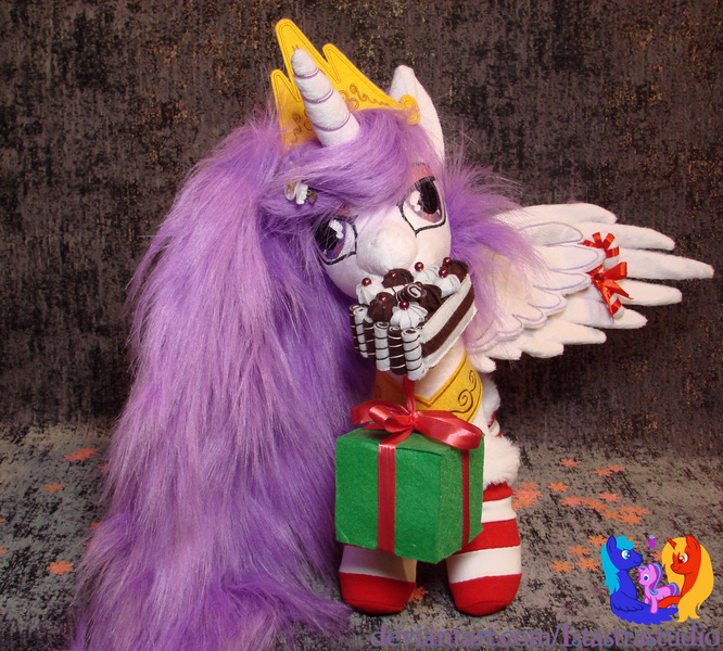 Size: 2556x2304 | Tagged: safe, artist:1stastrastudio, derpibooru import, princess celestia, pony, princess molestia, cake, clothes, food, image, irl, jpeg, photo, plushie, present, socks, solo, striped socks