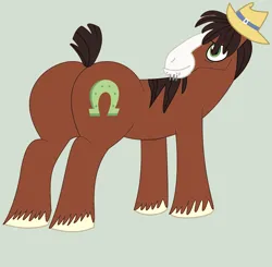 Size: 1785x1750 | Tagged: safe, artist:jonesdylan874, derpibooru import, trouble shoes, clydesdale, earth pony, horse, pony, g4, season 5, season 9, spoiler:s09, butt, clean, cowboy hat, digital art, drawing, green background, hat, image, male, png, short tail, simple background, solo, stallion, tail