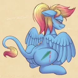 Size: 2000x2000 | Tagged: suggestive, artist:dewdropinn, artist:suspega, color edit, derpibooru import, edit, oc, oc:merrifeather, pegasus, pony, aroused, blushing, butt, collaboration, colored, crotch bulge, endosoma, eyes closed, family friendly features have doomed us, featureless crotch, female, female pred, floppy ears, image, leonine tail, lip bite, micro, monologue, non-fatal vore, on hind legs, partially open wings, pegasus oc, plot, png, ponytail, raised hoof, raised tail, rear view, simple background, size difference, solo, solo female, tail, talking, tan background, three quarter view, unknown prey, vore, wings