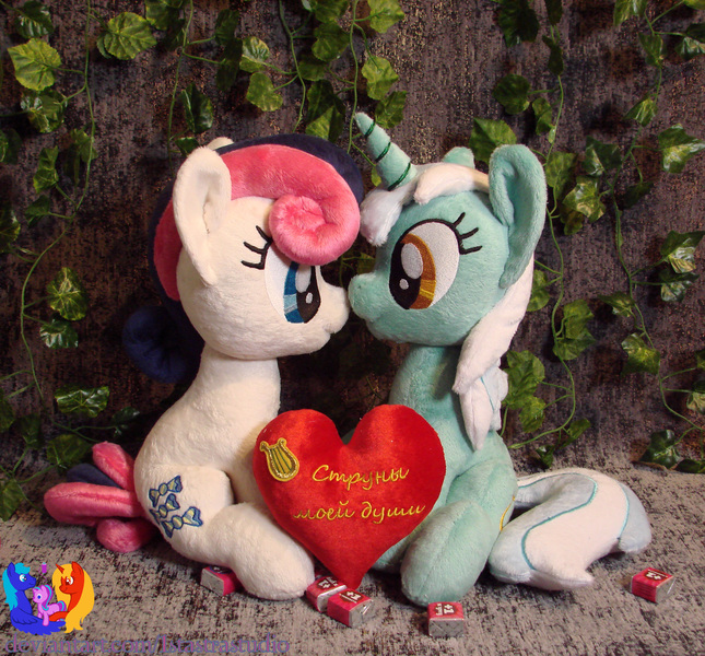 Size: 2404x2238 | Tagged: safe, artist:1stastrastudio, derpibooru import, bon bon, lyra heartstrings, sweetie drops, pony, female, heart, heart plush, image, irl, jpeg, lesbian, lyrabon, photo, plushie, shipping