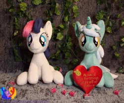 Size: 2545x2121 | Tagged: safe, artist:1stastrastudio, derpibooru import, bon bon, lyra heartstrings, sweetie drops, pony, fanfic:background pony, female, heart, heart plush, image, irl, jpeg, lesbian, lyrabon, photo, plushie, shipping