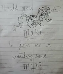 Size: 2808x3326 | Tagged: safe, artist:sewaddle36, derpibooru import, fluttershy, pegasus, pony, g4, crouching, derpibooru exclusive, female, image, jpeg, lined paper, note, pencil drawing, pun, shy, solo, speech bubble, text, traditional art