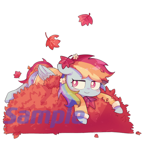 Size: 2000x2000 | Tagged: safe, artist:muningaiyc, derpibooru import, rainbow dash, pegasus, pony, autumn leaves, clothes, female, flower, flower in hair, image, leaf, leaf pile, leaves, mare, png, sample, simple background, solo, text, white background