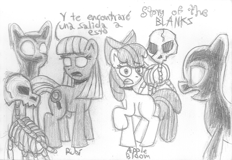 Size: 1705x1176 | Tagged: semi-grimdark, artist:rosa ushiromiya, derpibooru import, apple bloom, oc, oc:ruby (story of the blanks), earth pony, monster pony, pony, skeleton pony, undead, story of the blanks, g4, bone, female, foal, glow, glowing eyes, grayscale, image, jewelry, mare, monochrome, pendant, png, skeleton, spanish, traditional art