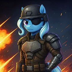 Size: 1024x1024 | Tagged: safe, ai content, derpibooru import, generator:google imagen 3.0, machine learning generated, prompter:zerowinger, trixie, anthro, g4, body armor, bust, clothes, cosplay, costume, eyepatch, female, g.i. joe, gradient background, helmet, image, jpeg, major bludd, missing horn, portrait, robotic arm, solo